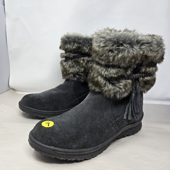Minnetonka Womens Everett Boots Sz 7 Charcoal Suede Faux Fur Braided Suede Tie - Picture 3 of 14